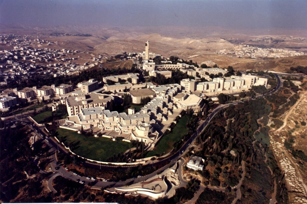 An aerial view of the Hebrew University of Jerusalem captures the scale of the campus in its surroundings.