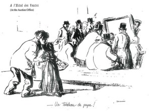 Published on the front page of a Parisian newspaper in 1920, this drawing by Jean-Louis Forain shows the young child of Jean-François Millet outside the auction house begging while her father’s work sold for high prices. Courtesy of Artists Space, a Manhattan based group at www.artistsspace.org. 