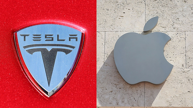 A picture of the Tesla and Apple logo