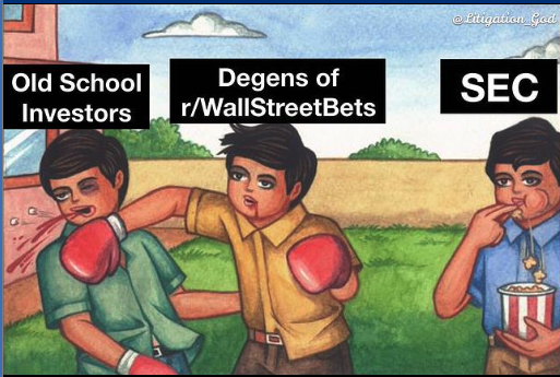 A picutre of one boy (Degens of r/wallstreetbets) punching out another (Old School Investors) while a third (SEC) watches