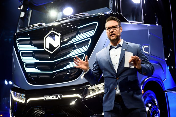 CEO and founder of U.S. Nikola, Trevor Milton speaks during presentation of its new full-electric and hydrogen fuel-cell battery trucks in partnership with CNH Industrial, at an event in Turin, Italy December 2, 2019.